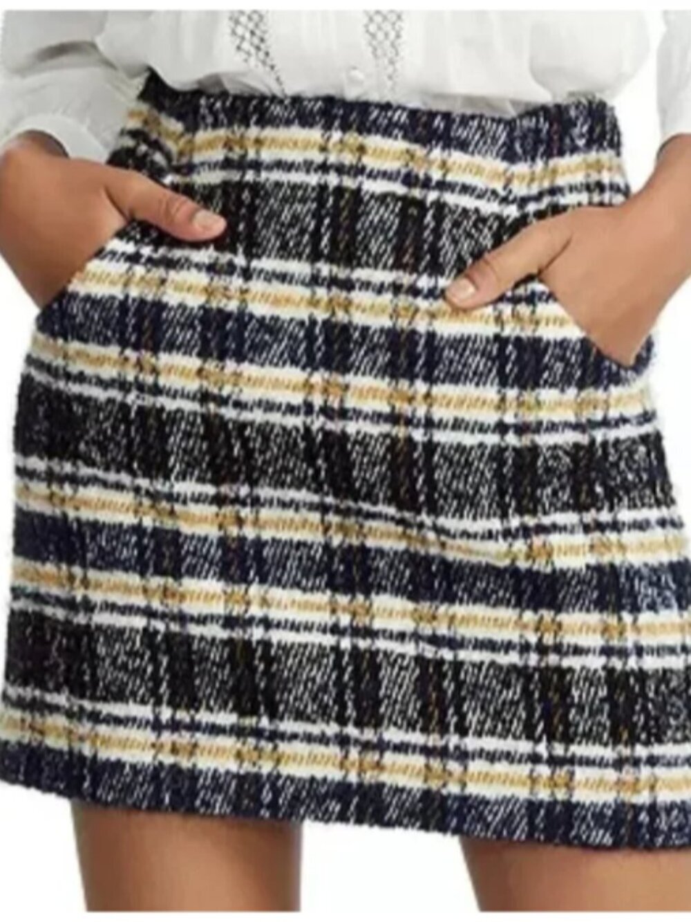 Maje Jolica Plaid Mini Skirt Womens 40/ US 10 Blue White Gold Tweed